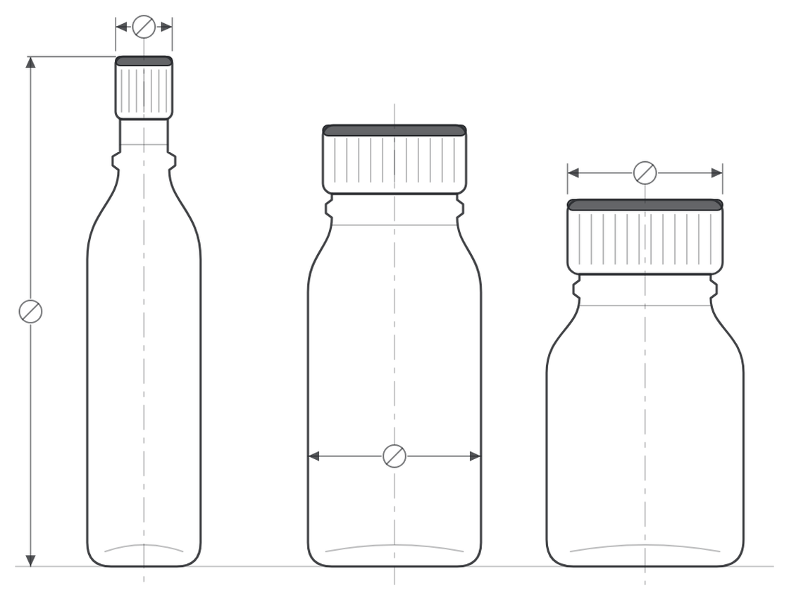 Technical drawing of plastic packaging containers: a slim PET beverage bottle, a wide-mouth HDPE supplement jar and a squat PP jar, with dimension callouts